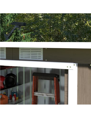 Outsunny 9ft x 4ft Metal Garden Shed, Outdoor Tool House with Foundation Kit, Ventilations and Double Doors, Light Grey Wood Gra