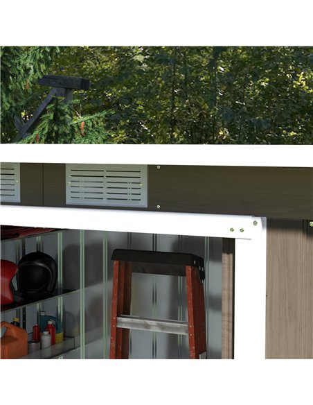 Outsunny 9ft x 4ft Metal Garden Shed, Outdoor Tool House with Foundation Kit, Ventilations and Double Doors, Light Grey Wood Gra - pic 122653 | FastDaddyshop