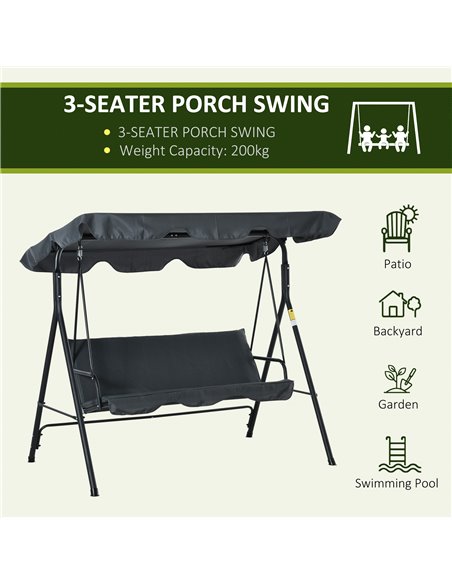 Outsunny 3 Seater Canopy Swing Chair Garden Rocking Bench Heavy Duty Patio Metal Seat w/ Top Roof - Dark Grey - pic 12266 | FastDaddyshop