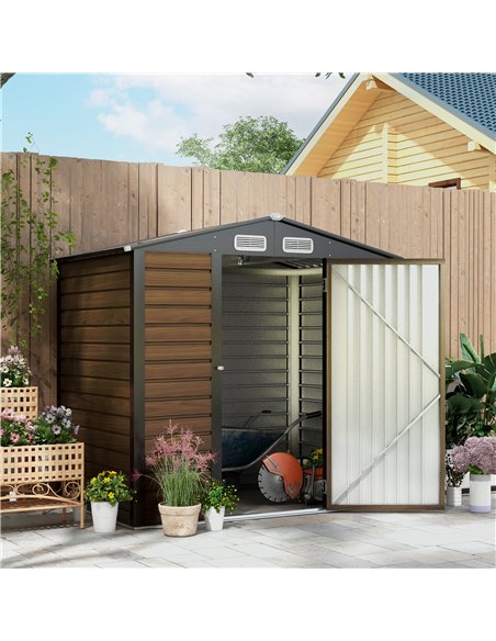 Outsunny 4 x 6ft Galvanised Steel Garden Shed, with Lock and Gloves - Oak - pic 122701 | FastDaddyshop