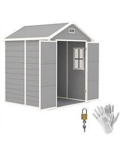 Outsunny 6 x 5ft Garden Shed, Plastic Shed with Floor, Window, Lockable Doors and Vents, Wood Effect Resin Tool Shed for Outdoor
