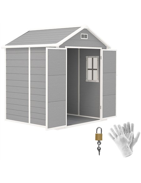 Outsunny 6 x 5ft Garden Shed, Plastic Shed with Floor, Window, Lockable Doors and Vents, Wood Effect Resin Tool Shed for Outdoor - pic 122709 | FastDaddyshop
