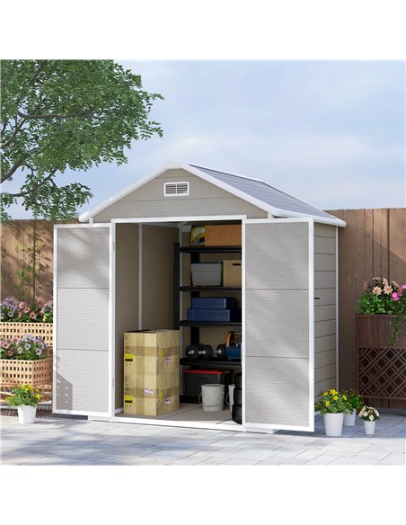 Outsunny 6 x 5ft Garden Shed, Plastic Shed with Floor, Window, Lockable Doors and Vents, Wood Effect Resin Tool Shed for Outdoor - pic 122710 | FastDaddyshop