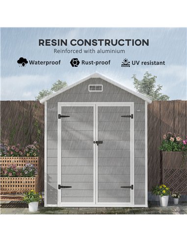 Outsunny 6 x 5ft Garden Shed, Plastic Shed with Floor, Window, Lockable Doors and Vents, Wood Effect Resin Tool Shed for Outdoor