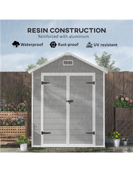 Outsunny 6 x 5ft Garden Shed, Plastic Shed with Floor, Window, Lockable Doors and Vents, Wood Effect Resin Tool Shed for Outdoor - pic 122712 | FastDaddyshop