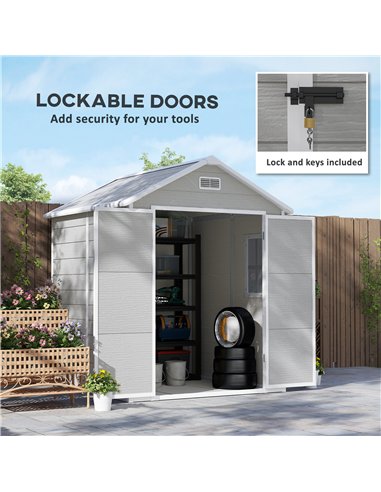 Outsunny 6 x 5ft Garden Shed, Plastic Shed with Floor, Window, Lockable Doors and Vents, Wood Effect Resin Tool Shed for Outdoor