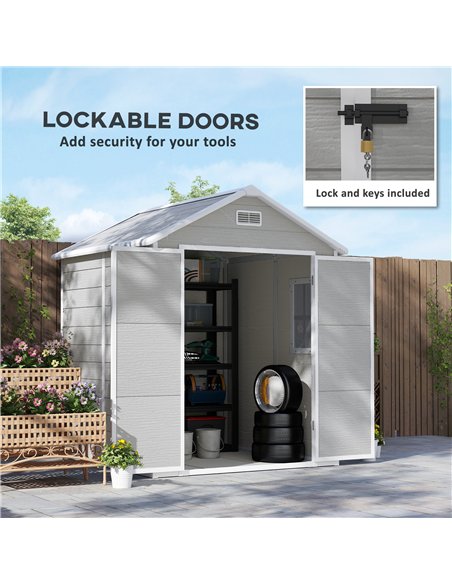 Outsunny 6 x 5ft Garden Shed, Plastic Shed with Floor, Window, Lockable Doors and Vents, Wood Effect Resin Tool Shed for Outdoor - pic 122715 | FastDaddyshop