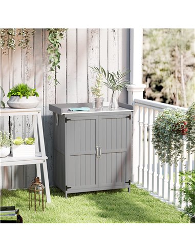Outsunny Wooden Garden Shed, Garden Tool Storage Shed with Hinged Roof and Shelf, Outdoor Storage Cabinet with Double Doors, Gre