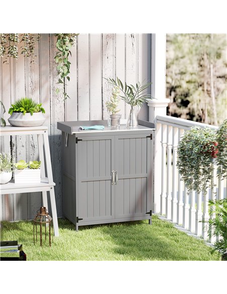 Outsunny Wooden Garden Shed, Garden Tool Storage Shed with Hinged Roof and Shelf, Outdoor Storage Cabinet with Double Doors, Gre - pic 122764 | FastDaddyshop