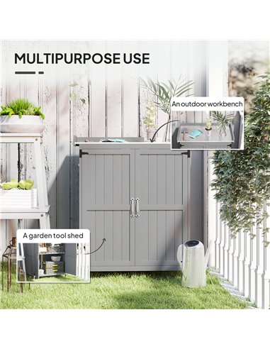 Outsunny Wooden Garden Shed, Garden Tool Storage Shed with Hinged Roof and Shelf, Outdoor Storage Cabinet with Double Doors, Gre