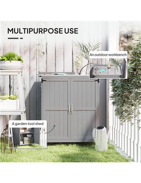 Outsunny Wooden Garden Shed, Garden Tool Storage Shed with Hinged Roof and Shelf, Outdoor Storage Cabinet with Double Doors, Gre - pic 122766 | FastDaddyshop