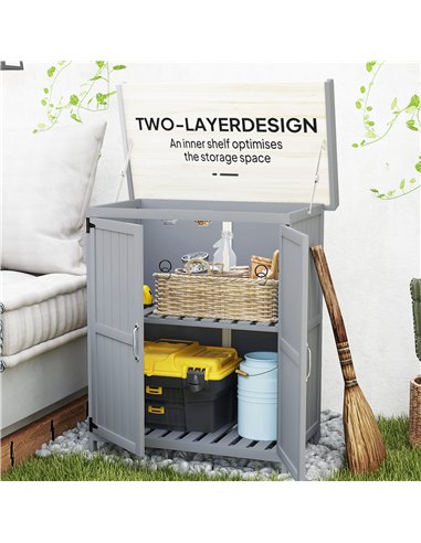 Outsunny Wooden Garden Shed, Garden Tool Storage Shed with Hinged Roof and Shelf, Outdoor Storage Cabinet with Double Doors, Gre