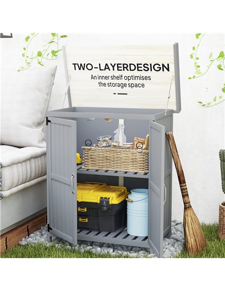 Outsunny Wooden Garden Shed, Garden Tool Storage Shed with Hinged Roof and Shelf, Outdoor Storage Cabinet with Double Doors, Gre - pic 122768 | FastDaddyshop
