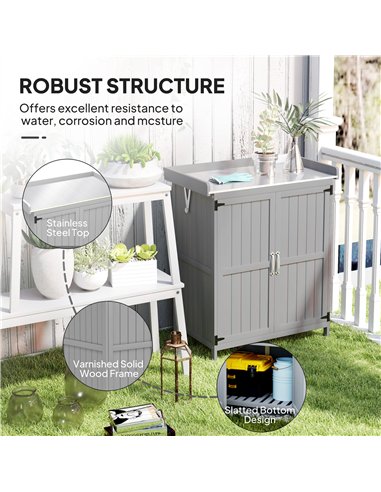 Outsunny Wooden Garden Shed, Garden Tool Storage Shed with Hinged Roof and Shelf, Outdoor Storage Cabinet with Double Doors, Gre