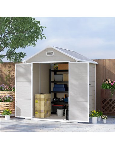 Outsunny 6 x 5ft Garden Shed, Plastic Shed with Floor, Window, Lockable Doors and Vents, Wood Effect Resin Tool Shed for Outdoor