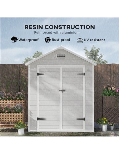 Outsunny 6 x 5ft Garden Shed, Plastic Shed with Floor, Window, Lockable Doors and Vents, Wood Effect Resin Tool Shed for Outdoor