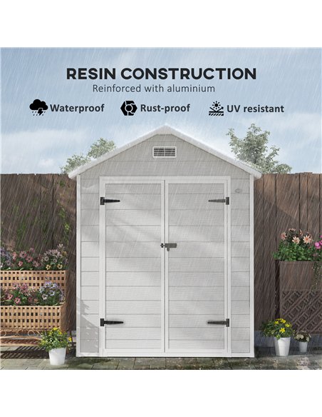 Outsunny 6 x 5ft Garden Shed, Plastic Shed with Floor, Window, Lockable Doors and Vents, Wood Effect Resin Tool Shed for Outdoor - pic 122775 | FastDaddyshop