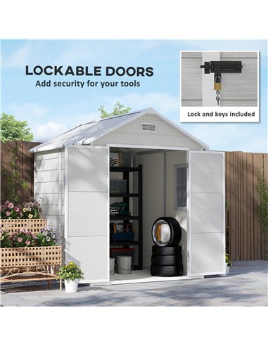 Outsunny 6 x 5ft Garden Shed, Plastic Shed with Floor, Window, Lockable Doors and Vents, Wood Effect Resin Tool Shed for Outdoor