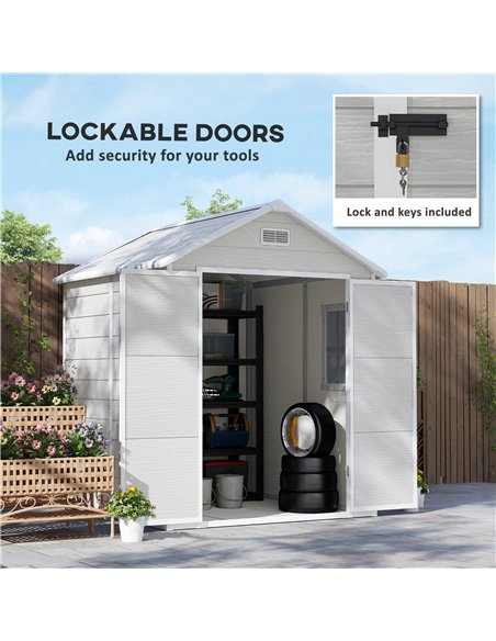 Outsunny 6 x 5ft Garden Shed, Plastic Shed with Floor, Window, Lockable Doors and Vents, Wood Effect Resin Tool Shed for Outdoor - pic 122778 | FastDaddyshop