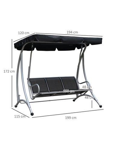 Outsunny 3 Seater Bench Steel Outdoor Patio Porch Swing Chair with Adjustable Canopy - Black