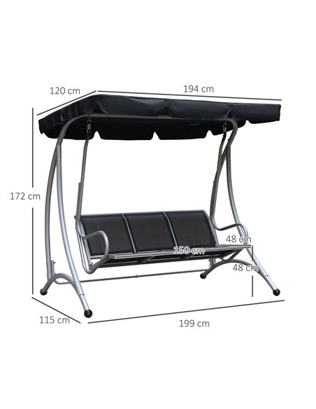 Outsunny 3 Seater Bench Steel Outdoor Patio Porch Swing Chair with Adjustable Canopy - Black - pic 12278 | FastDaddyshop