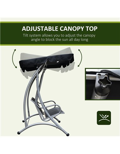 Outsunny 3 Seater Bench Steel Outdoor Patio Porch Swing Chair with Adjustable Canopy - Black
