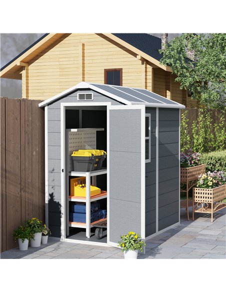 Outsunny 4 x 6ft Garden Shed, Plastic Shed with Floor, Window, Lockable Door and Vents, Resin Tool Shed for Outdoor Patio Storag - pic 122791 | FastDaddyshop
