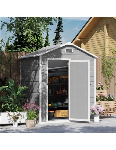 Outsunny 6 x 4ft Garden Shed, Plastic Shed with Floor, Window, Lockable Door and Vents, Wood Effect Resin Tool Shed for Outdoor,