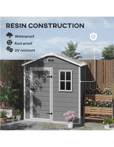 Outsunny 6 x 4ft Garden Shed, Plastic Shed with Floor, Window, Lockable Door and Vents, Wood Effect Resin Tool Shed for Outdoor,