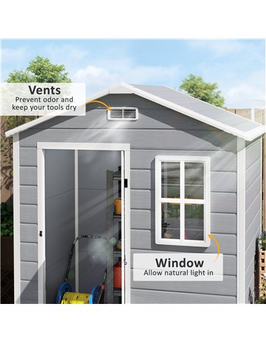 Outsunny 6 x 4ft Garden Shed, Plastic Shed with Floor, Window, Lockable Door and Vents, Wood Effect Resin Tool Shed for Outdoor,