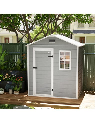 Outsunny 6 x 4ft Garden Shed, Plastic Shed with Floor, Window, Lockable Door and Vents, Wood Effect Resin Tool Shed for Outdoor,