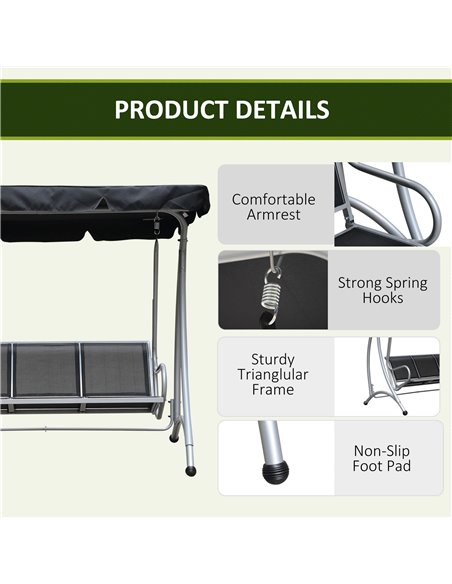 Outsunny 3 Seater Bench Steel Outdoor Patio Porch Swing Chair with Adjustable Canopy - Black - pic 12281 | FastDaddyshop