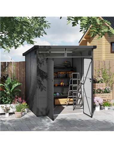 Outsunny 6 x 6ft Outdoor Storage Shed, Plastic Garden Shed with Windows and Air Vents, Outdoor Resin Tool Shed with Latch Doors 