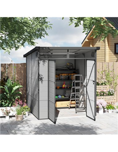 Outsunny 6 x 6ft Outdoor Storage Shed, Plastic Garden Shed with Windows and Air Vents, Outdoor Resin Tool Shed with Latch Doors 