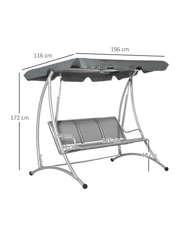 Outsunny 3 Seater Bench Steel Outdoor Patio Porch Swing Chair with Adjustable Canopy - Dark Grey