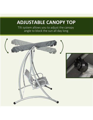 Outsunny 3 Seater Bench Steel Outdoor Patio Porch Swing Chair with Adjustable Canopy - Dark Grey