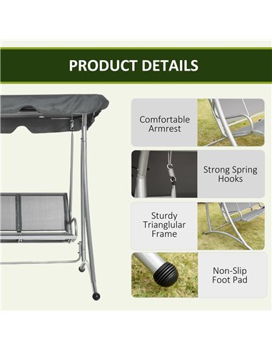 Outsunny 3 Seater Bench Steel Outdoor Patio Porch Swing Chair with Adjustable Canopy - Dark Grey