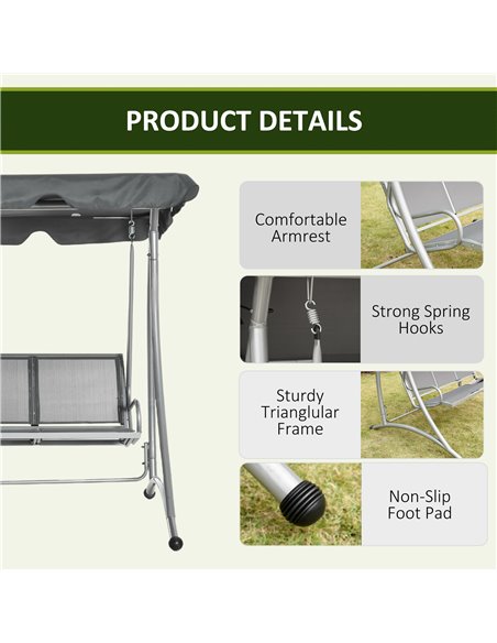 Outsunny 3 Seater Bench Steel Outdoor Patio Porch Swing Chair with Adjustable Canopy - Dark Grey - pic 12289 | FastDaddyshop