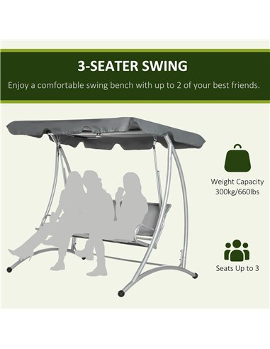 Outsunny 3 Seater Bench Steel Outdoor Patio Porch Swing Chair with Adjustable Canopy - Dark Grey