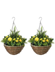 Outsunny Pack of 2 Faux Plant Artificial Lisianthus Flowers Hanging Planter with Basket for Indoor Outdoor Decoration, Yellow