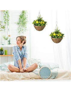Outsunny Pack of 2 Faux Plant Artificial Lisianthus Flowers Hanging Planter with Basket for Indoor Outdoor Decoration, Yellow 2