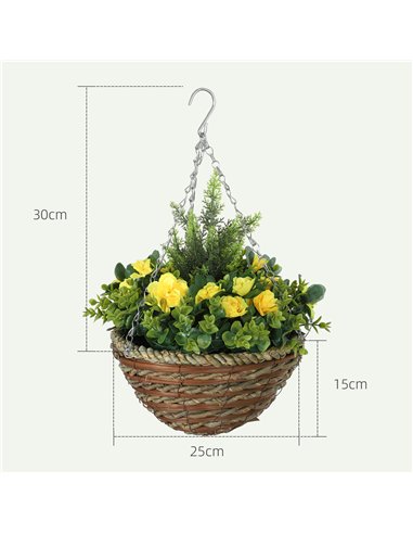 Outsunny Pack of 2 Faux Plant Artificial Lisianthus Flowers Hanging Planter with Basket for Indoor Outdoor Decoration, Yellow
