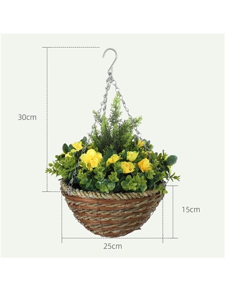 Outsunny Pack of 2 Faux Plant Artificial Lisianthus Flowers Hanging Planter with Basket for Indoor Outdoor Decoration, Yellow - pic 122990 | FastDaddyshop