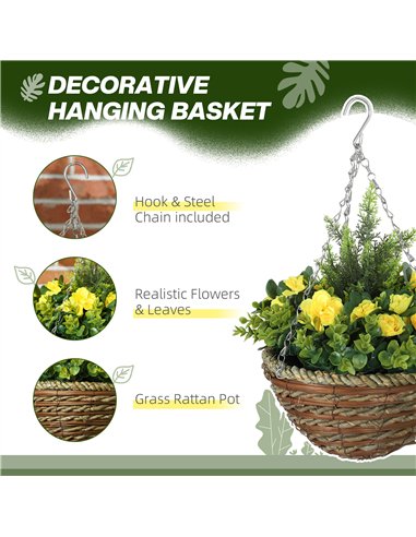 Outsunny Pack of 2 Faux Plant Artificial Lisianthus Flowers Hanging Planter with Basket for Indoor Outdoor Decoration, Yellow