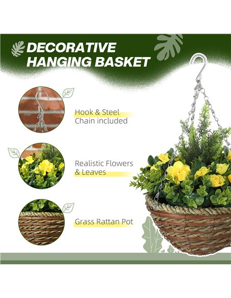 Outsunny Pack of 2 Faux Plant Artificial Lisianthus Flowers Hanging Planter with Basket for Indoor Outdoor Decoration, Yellow - pic 122991 | FastDaddyshop