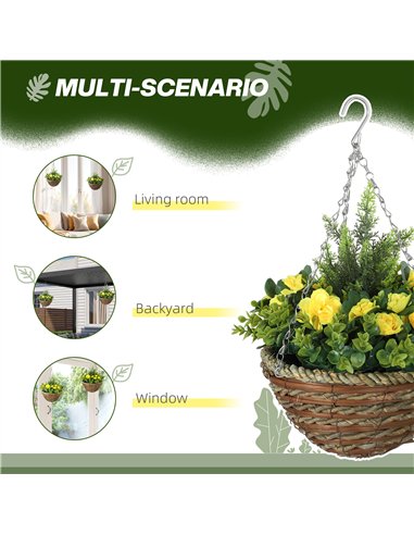 Outsunny Pack of 2 Faux Plant Artificial Lisianthus Flowers Hanging Planter with Basket for Indoor Outdoor Decoration, Yellow