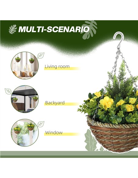 Outsunny Pack of 2 Faux Plant Artificial Lisianthus Flowers Hanging Planter with Basket for Indoor Outdoor Decoration, Yellow - pic 122992 | FastDaddyshop
