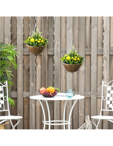 Outsunny Pack of 2 Faux Plant Artificial Lisianthus Flowers Hanging Planter with Basket for Indoor Outdoor Decoration, Yellow