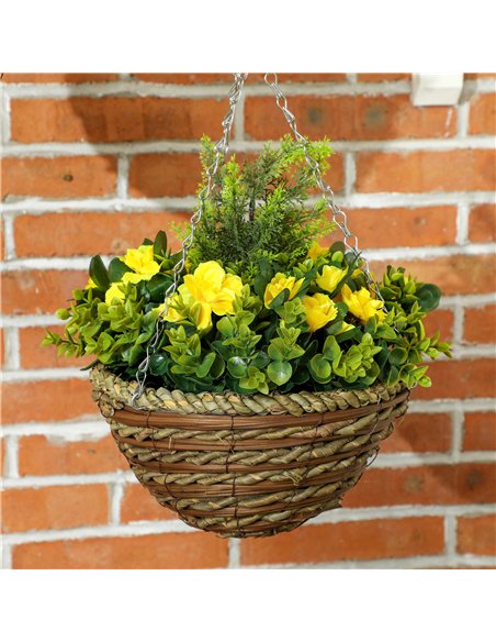 Outsunny Pack of 2 Faux Plant Artificial Lisianthus Flowers Hanging Planter with Basket for Indoor Outdoor Decoration, Yellow - pic 122996 | FastDaddyshop
