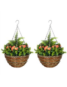 Outsunny Pack of 2 Faux Plant Artificial Lisianthus Flowers Hanging Planter with Basket for Indoor Outdoor Decoration, Orange